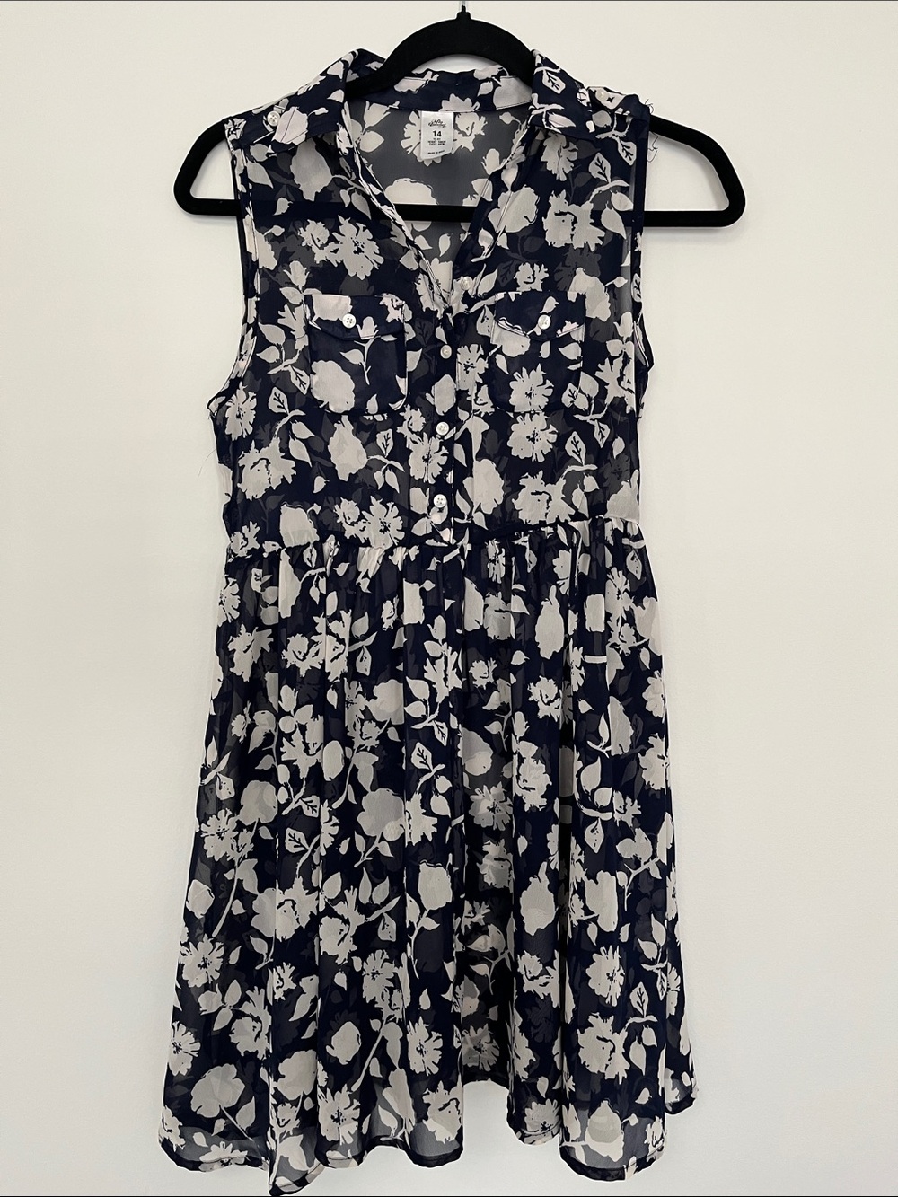 Kids Girls Sheer Dress Sz 14 Floral Navy White Pattern Collar Fit & Flare *As Is